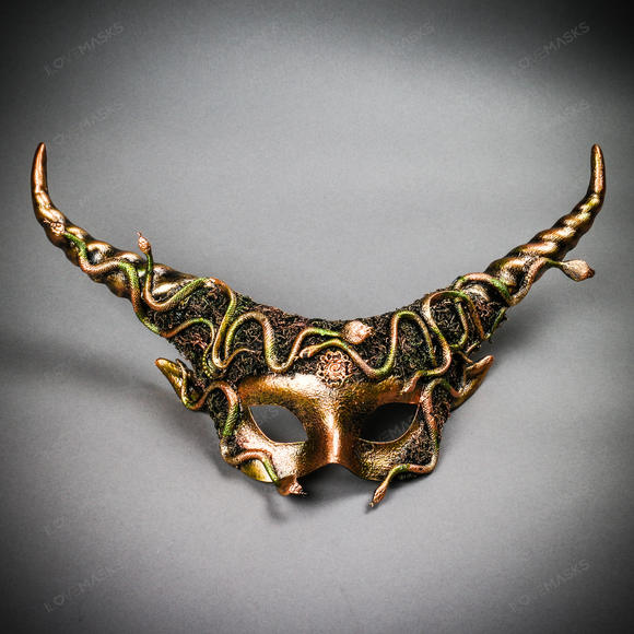 Krampus Horn Woodland Medusa Snake Animal Devil Masquerade Mask - Gold - Picture 1 of 10